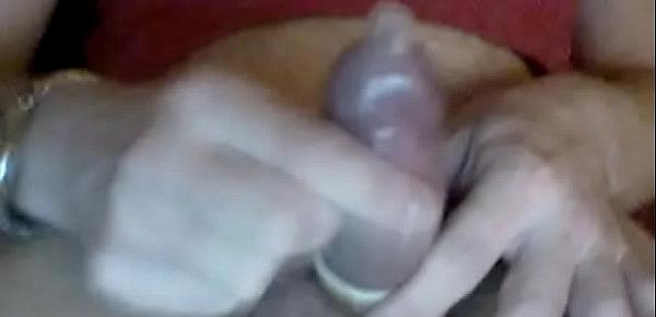  wanking in the condom with Slut